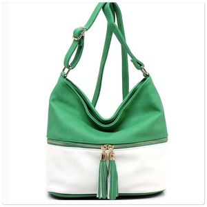 Tassel Crossbody Bucket Satchel Green White